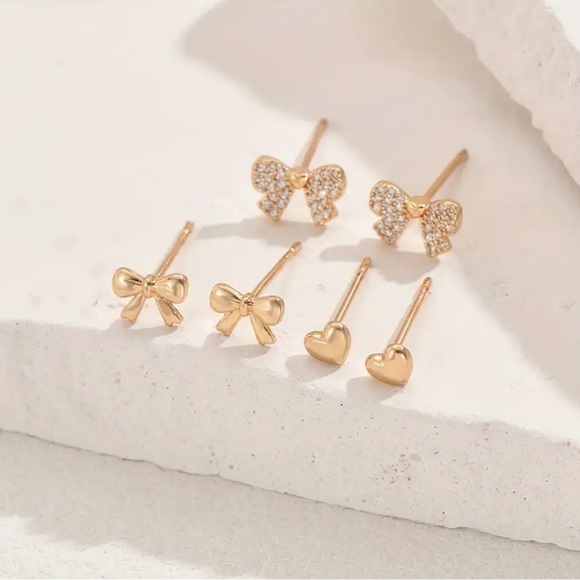 New 3 pairs of gold bow & Heart Stud Earrings, coquette bow jewelry, Bow studs - Picture 2 of 4